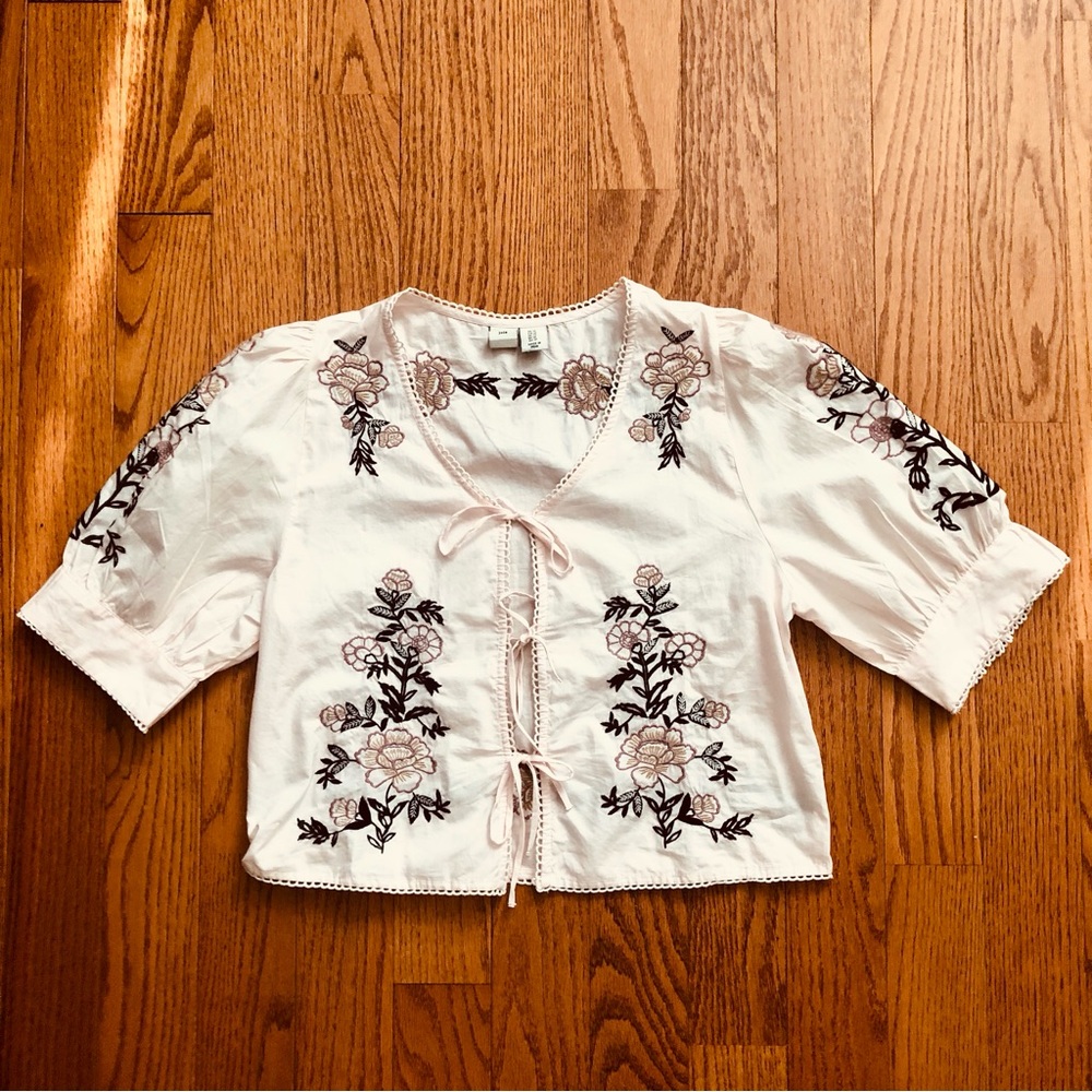 Joie Embroidered Puff Sleeves Tie-Front Floral Pink Blouse Women’s Size M NWOT